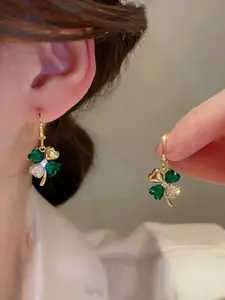 Lucky & Chic! 18k Gold Plated Four Leaf Clover Drop Earrings with Vibrant Gems, Floral Pattern, Perfect St. Patrick's Day Accessory, Make a Statement