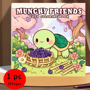 Munchy Friends Bold & Easy Coloring Book, Cozy Cute Turtle & Berry Scenes, 120g Thick No-Bleed Paper, 22 Pages, Odorless & Safe, Glue-Bound, Stress Relief & Anxiety Relief Art for Kids & Adults, Relaxing Self Care Activity