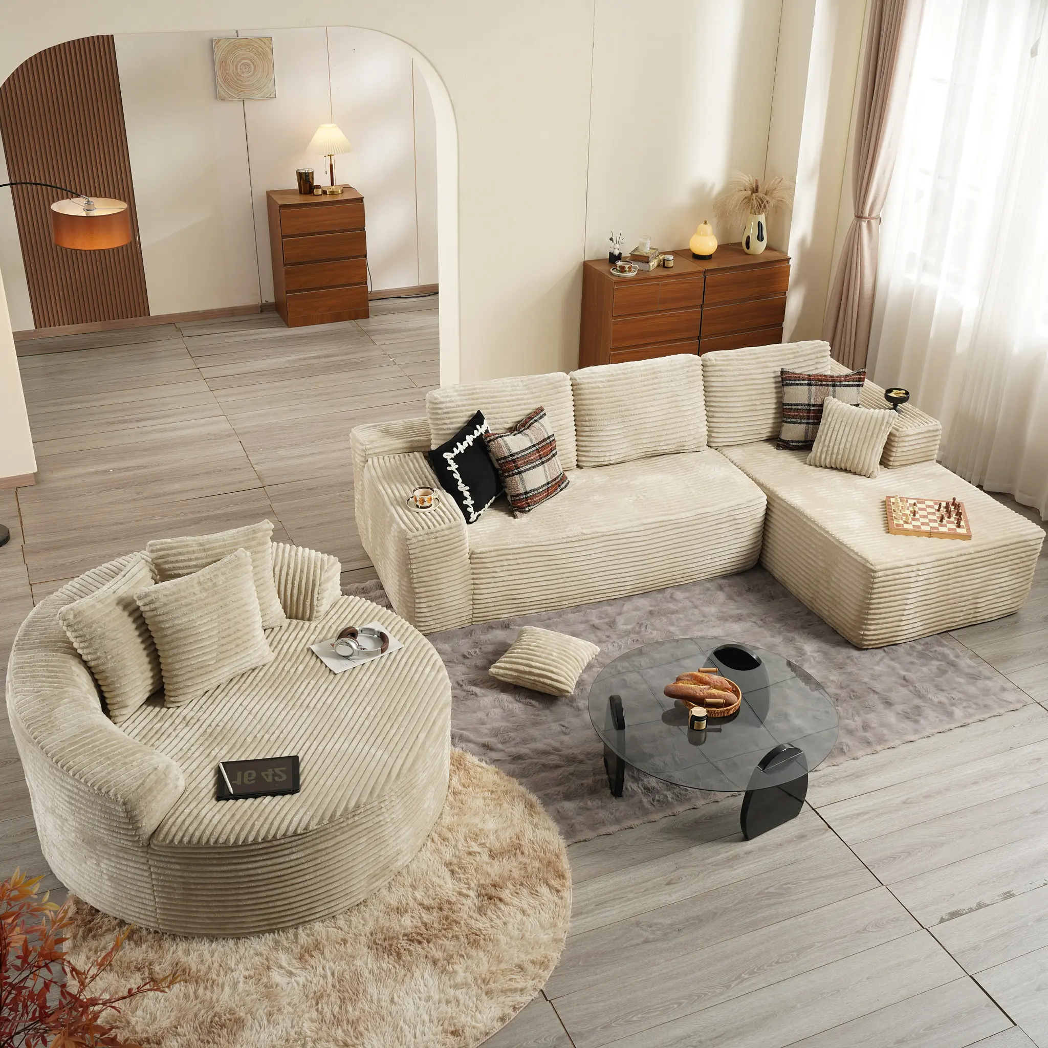 Beige Plush Corduroy Right Chaise with Round Couch