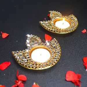 Elegant Metal Diya Candle Holder | Glass-Embellished T-Light for Diwali, Pooja, Temple Decor | Sacred Glow | Perfect Gift Choice