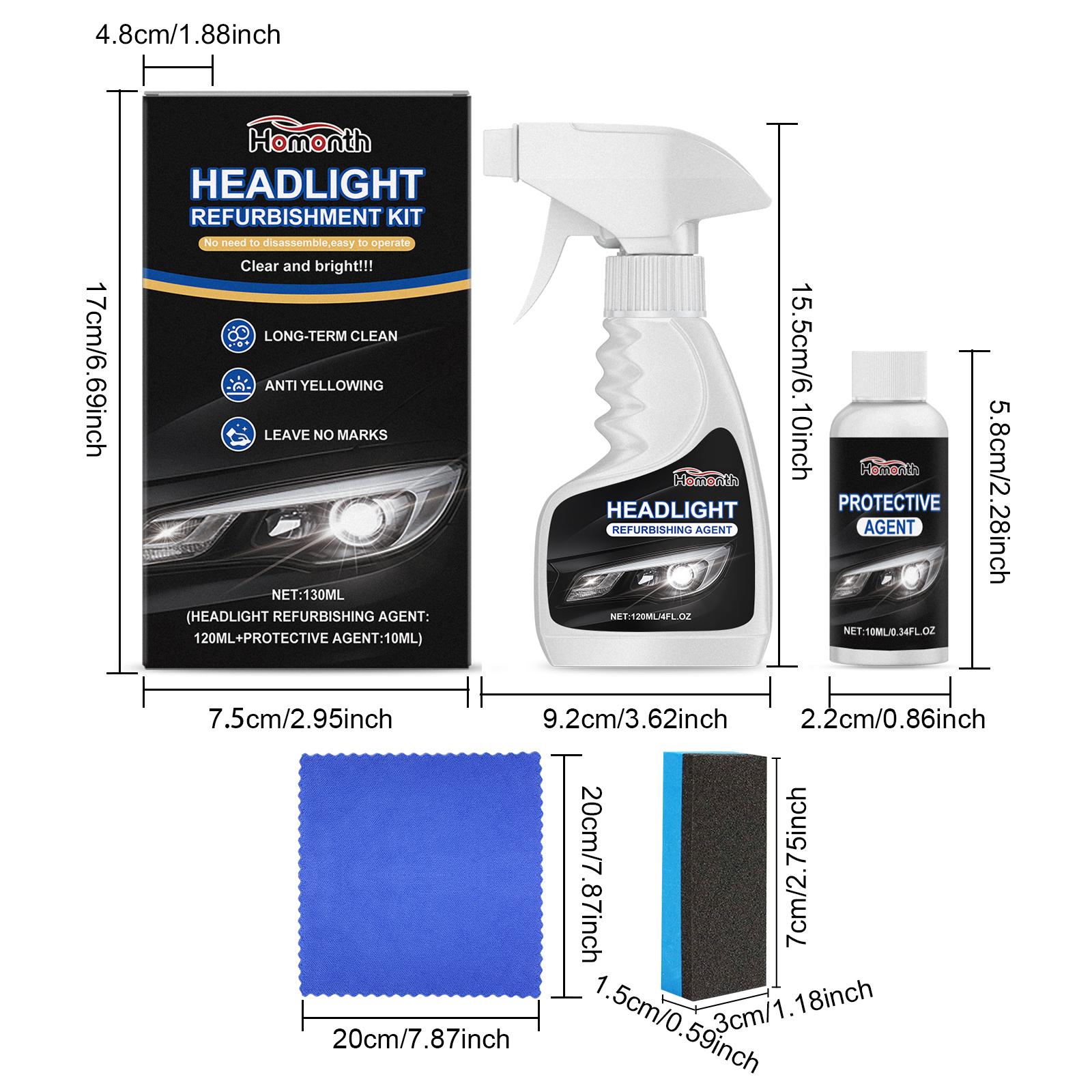 Headlight Cleaner Spray & Restoration Kit – Instantly Restores Cloudy & Yellowed Headlights – Fast Oxidation Removal with UV Protection – No Rubbing Needed – Fits All Cars