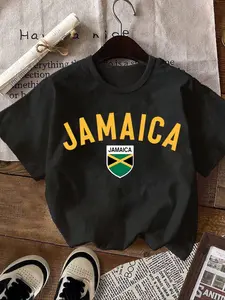 Women's "JAMAICA" Letter Graphic Round Neck Tee, Vintage Trendy Casual Streetwear Short Sleeve T-shirt For Daily Wear, Ladies Summer Outfit