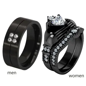 Ringcrown Couple Rings Matching Ring Heart 1ct CZ Black Claddagh Ring 2pcs Women Wedding Ring Sets For Him And Her Ring Men Titanium Steel Wedding Band