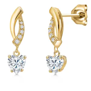 Gem Stone King 10K Yellow Gold Forever Classic Moissanite and Lab Grown Diamond Dangle Earrings for Women | 1.05 Cttw | Gemstone Birthstone | Heart Shape 5MM