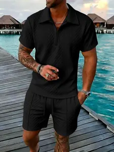 Men's Fashion Casual Polo Shirt Set, Classic Zipper Collar Polo and Drawstring Shorts, Comfortable Daily Wear, Stylish and Trendy