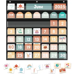 Large Calendar Pocket Chart, Calendar Learning Classroom Calendar Pocket Chart with 115 Cards for Classroom Calendar and Weather Pocket Chart for   Learning(Black)
