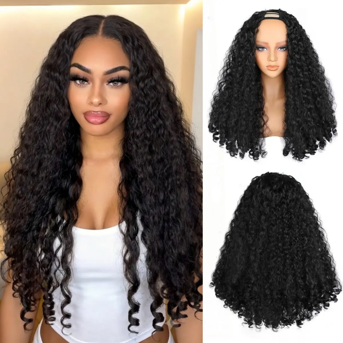 New Afro Curly V Part Hair Wig Kinky Curly Half Wigs for Black Women Wear and Go Glueless Wig Yaki Curly Wigs with Unique Bouncy Curls in the End Synthetic Braided Hair 4C Hair Wig