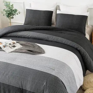 Full Size Comforter Set,3 Pieces Black White Gray Patchwork Striped Comforter(79x90 Inch), Soft Down Alternative Full Comforter Bedding Sets with Corner Loops