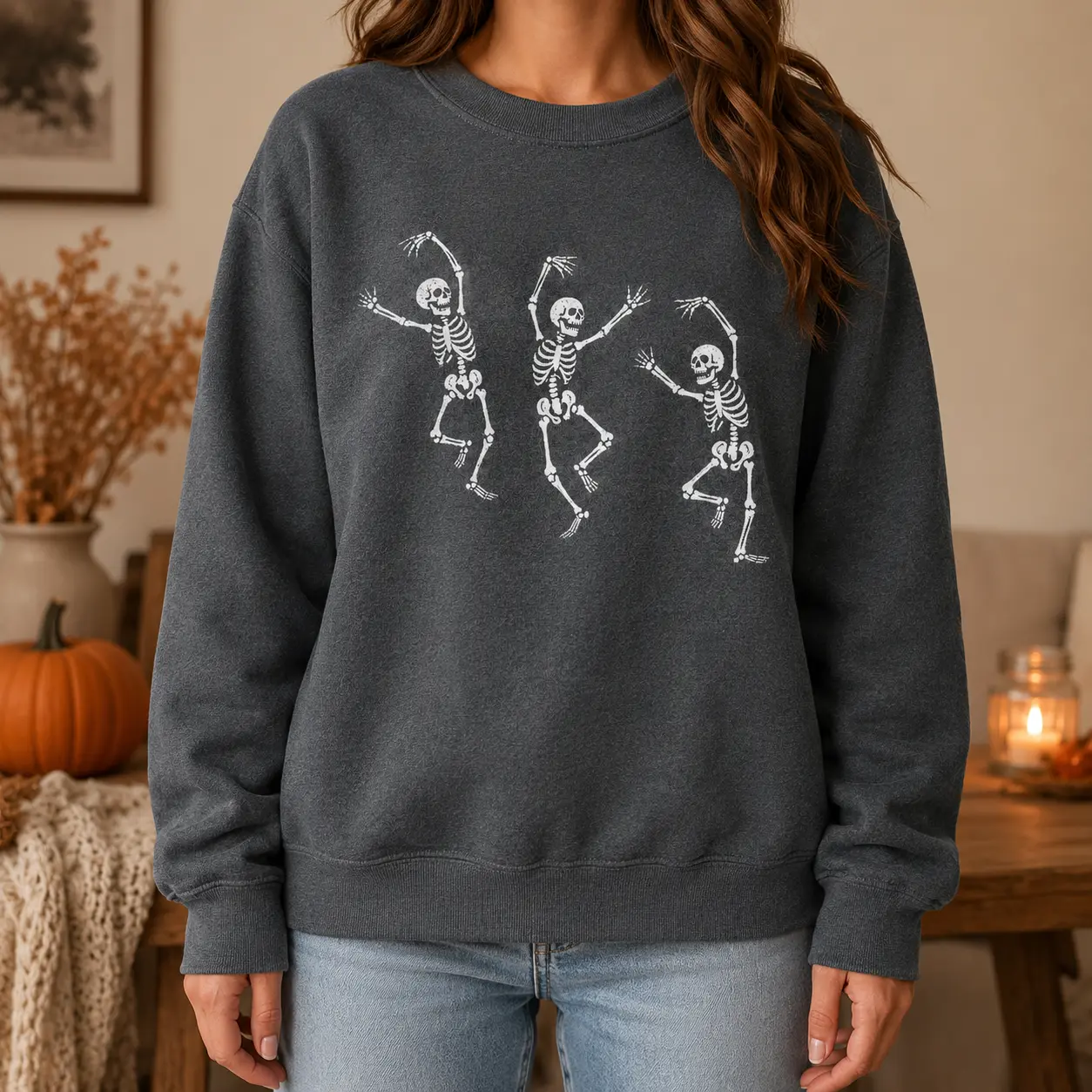 Gildan Dancing Skeletons Embroidered Sweatshirt and Hoodie, Halloween Skeleton Crewneck, Grunge Skull Unisex Pullover