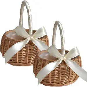 2PCS Wedding Flower Girl Basket Set,Wicker Rattan Flower Basket with Handle,Petal Basket Candy Storage Basket ,Rattan Box Home Decoration,White,5.9X7.5 In(210209Ht07-12#Wsw98) ASSR