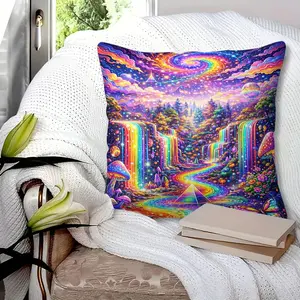 Vibrant Psychedelic Rainbow Galaxy Throw Pillow with Digital Print, 45cm Square with Inner Cushion, Soft and Comfortable Decor featuring Cascading Waterfalls, Colorful Mushrooms, and Iridescent Butterflies, Artistic Living Room & Bedroom Accent