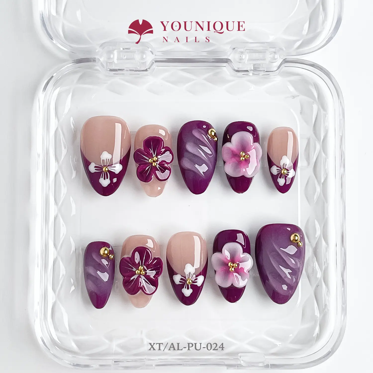 Younique Nails | Short Almond Nails Collection | 10PCS 100% Handmade Press-On Nails | Reusable Colorful Art acrylic Luxury Pearls and Rhinestones Long-Lasting 3D