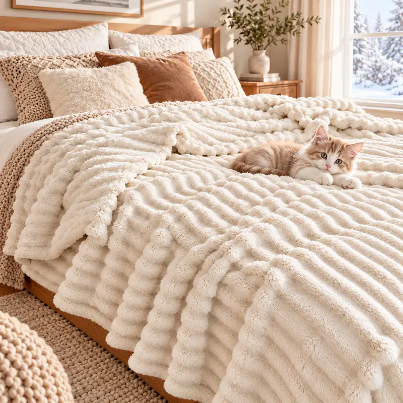 Raybee 300GSM Thick Fleece Throw Blanket - Super Soft, Lightweight Port, 3D Stripe Texture Soft Lightweight Blanket for Couch, Bed, All-Season Gift Idea, Aesthetic Home Decor