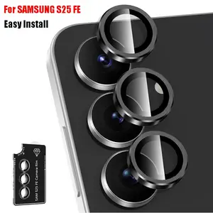 1 Set Black Automatic-Alignment Phone Camera Lens Protector Suitable for Samsung Galaxy S25 FE Individual Metal Ring Tempered Glass Lens Cover [Strong Adsorption] Scratch Resistant Ultra-Thin HD Clear Lens Cover