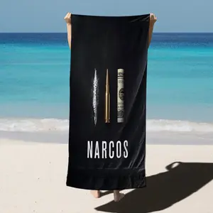 "Drug Lord" TV Series Inspired Beach Towel - Lightweight water-absorbing polyester blend fabric, featuring a bold white "NARCOS" print and drug accessory patterns, suitable for swimming, gym, yoga, travel - The perfect beach essential, a must-have for cam