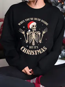 Women's Skeleton & Santa Hat Print Crew Neck Sweatshirt, Casual Long Sleeve Pullover for Daily Wear, Ladies Fall & Winter Clothes