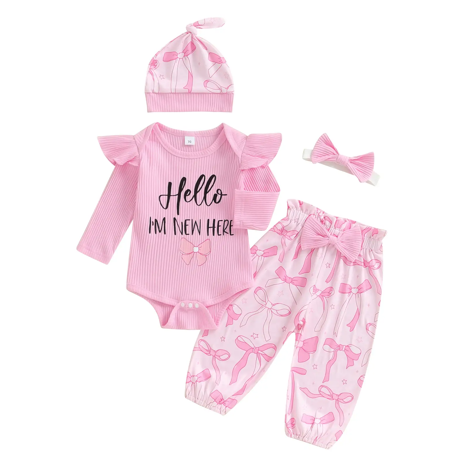 Newborn Come Home Outfits Baby Girls 4pcs Outfits Set Long Sleeve Romper Top Bow Print Trousers Hat Headband Set Infant Fall Clothes