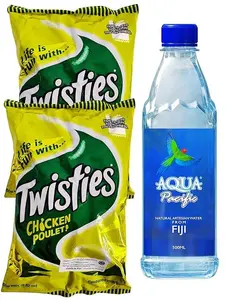 Combo Deal - Twisties CHICKEN Poulet Snacks, Natural Bottled Water (2 Pack x 250g / 500 mL Bottle Water) Favorite Goodness Pacific Islanders HALAL Dried Corn