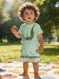 Baby Cartoon Print Short Sleeve Set, Casual Fitted Toddler Clothing, Perfect Gift for Infants, Daily & Outdoor Wear, 100% Polyester, Cartoon Print Top