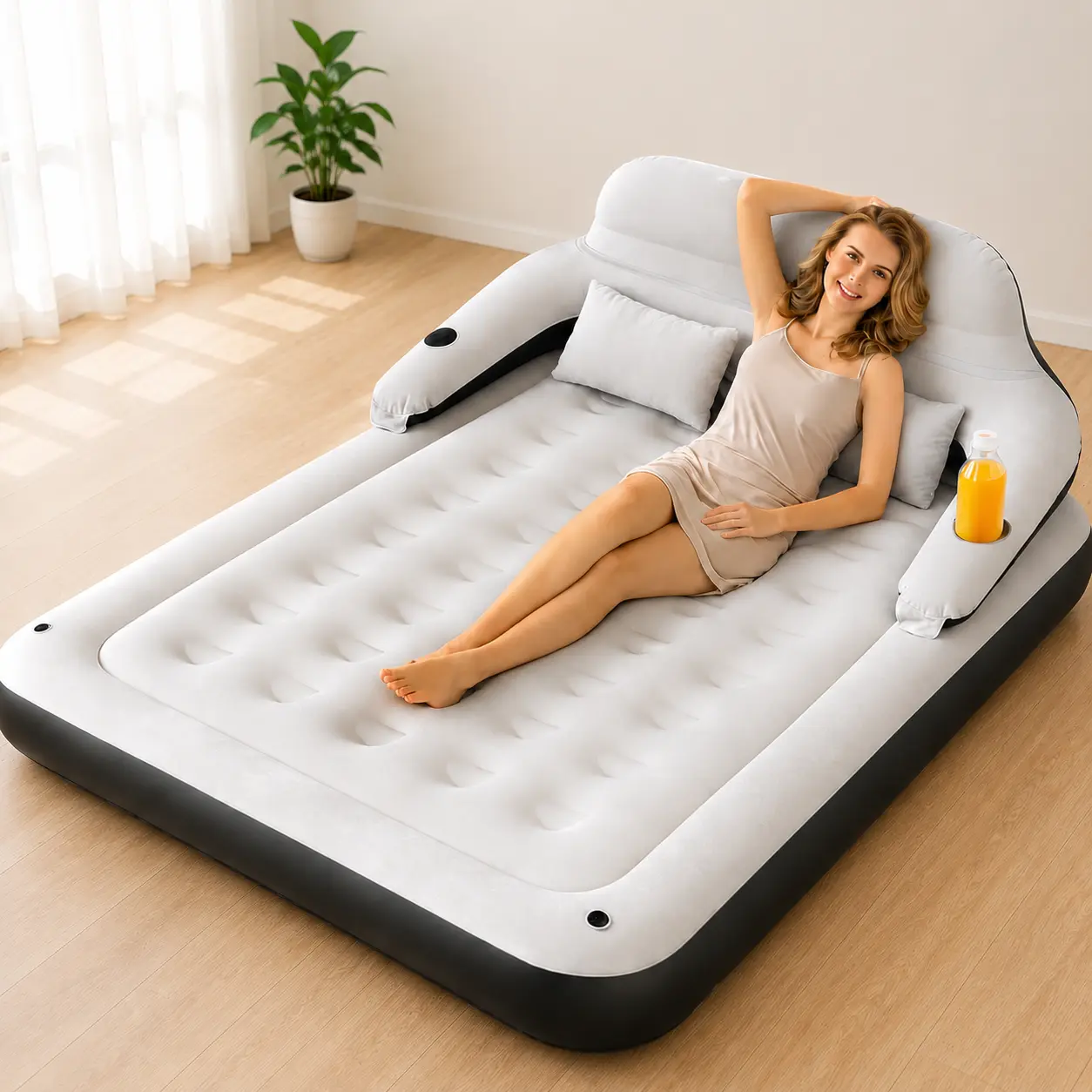 3-in-1 Inflatable Air Mattress with Removable Backrest and Pillows,Cup Holders | Soft and Comfortable, Easy Storage, Suitable for Indoor and Outdoor Use, Prefect for Camping, Picnics, Travel(NO PUMP)