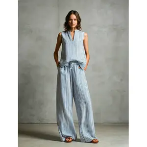 Women's summer set casual striped linen matching clothing - V-neck sleeveless top + drawstring wide-leg pants