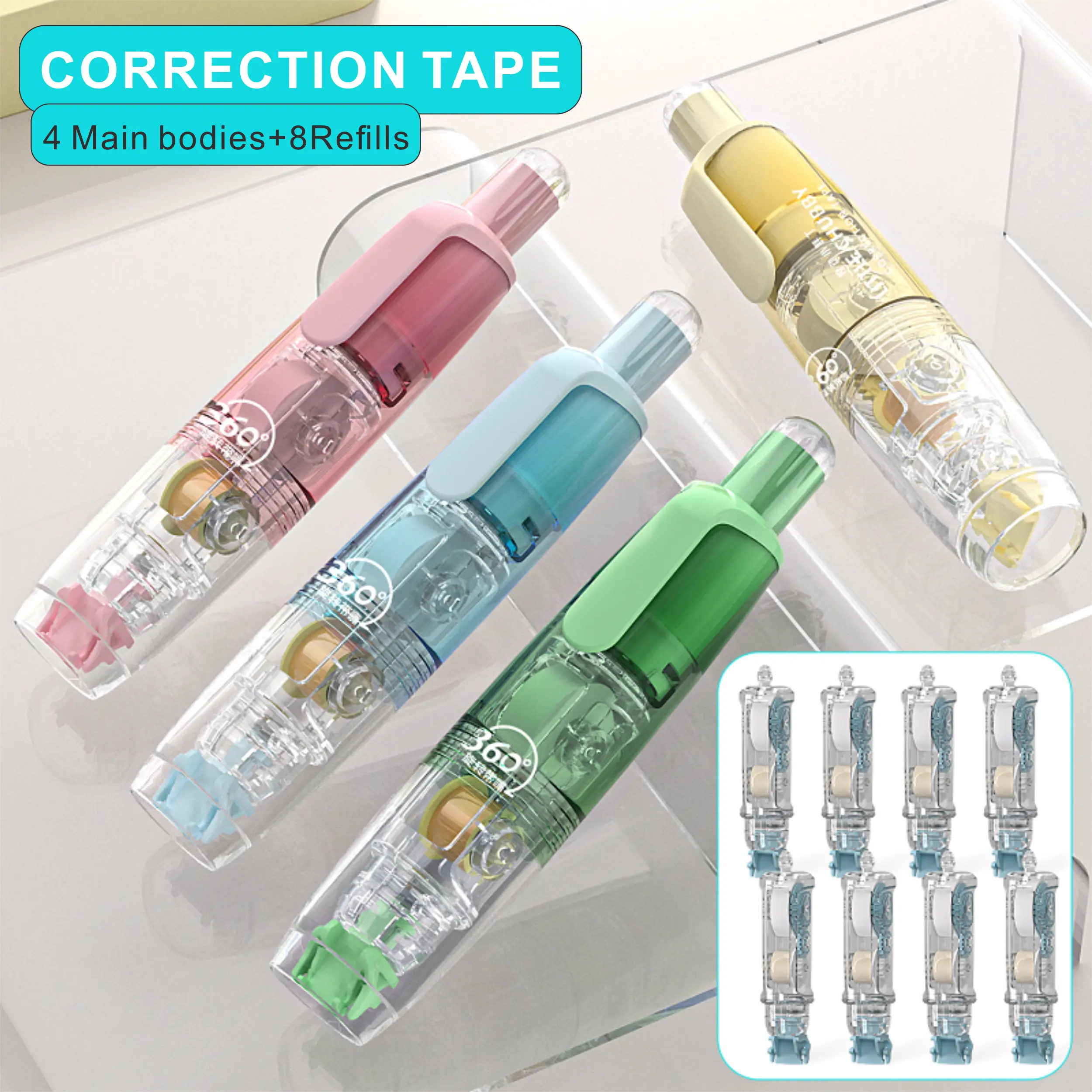 Correction Tape Set 4 Main Bodies + 8 Refills Replaceable Core Design for Students & Office Assorted Colors Art Materials