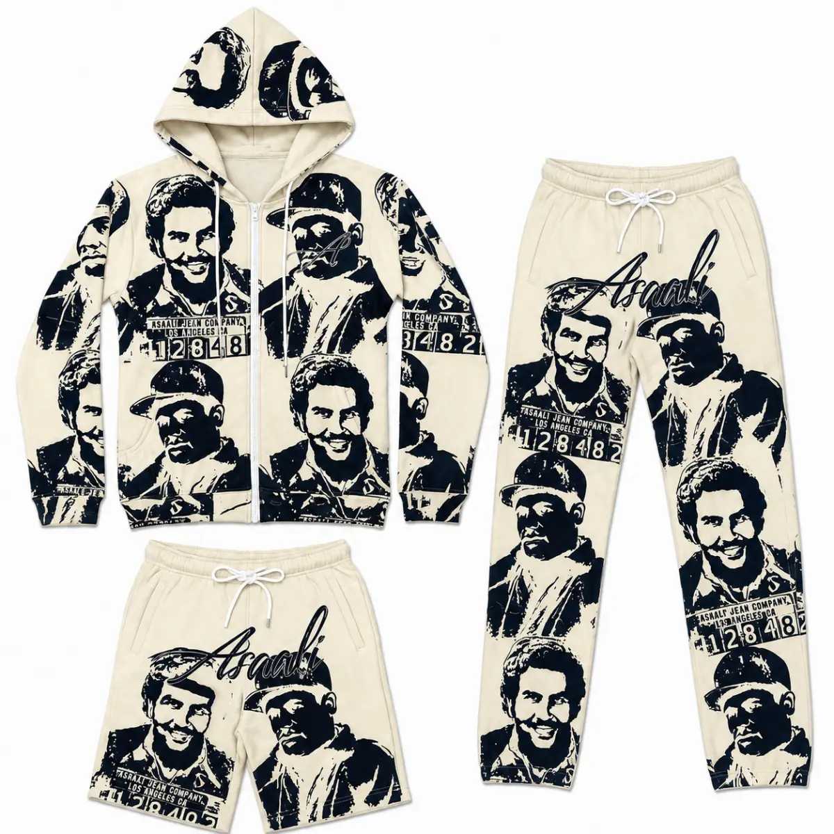 Vintage Mugshot Asaali Graphic 3 Piece Tracksuit Set, Zip Up Hoodie Jogger Pants & Shorts, Retro Urban Streetwear Matching Outfit