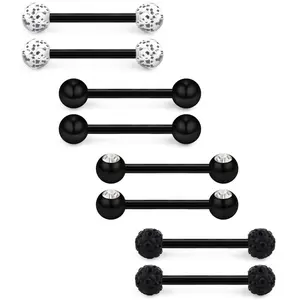 8-Pair Black Tongue Ring Set, Mixed-Style Piercing Barbells with Glitter, Solid, CZ & Crystal Ball Tops, Durable Piercing Jewelry for Everyday & Edgy Styling