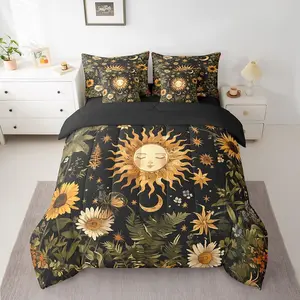7Pcs Sun and Moon Comforter Sets,,Butterfly Moth Flower Comforter Set(1 Comforter,1 Flat Sheet 1 Fitted Sheet 2 Pillowcases and 2 Throw Pillow Covers)
