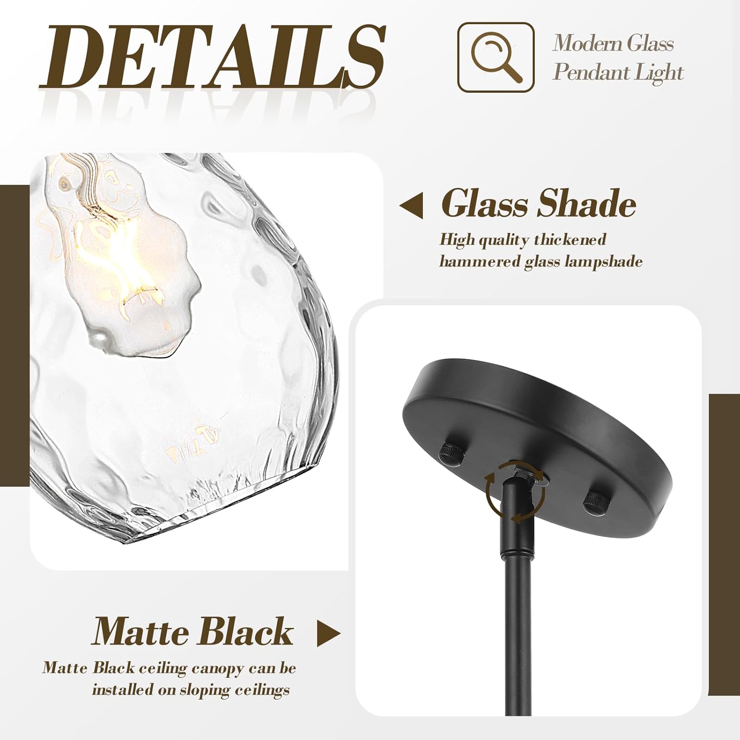 Glass Pendant Lights Kitchen Island, 1-Light Modern Black Fixtures with Hammered Glass & Rods Small Hanging Light for Kitchen Sink Dining Room Bathroom