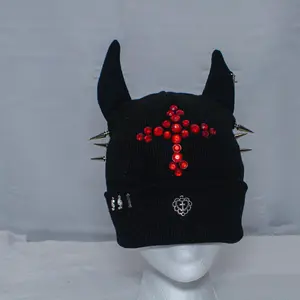 Red rhinestone devil horns beanie