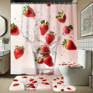 Strawberry Pattern Bathroom Set, Includes Soft Shower Curtain, Mat, Toilet Seat Cover, Elegant Decor, 1/4 Piece Bath Ensemble
