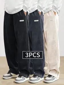 3-pack American vintage corduroy straight-leg men’s pants—trendy, versatile brown casual long pants with a drawstring waist and loose fit; minimalist, stylish men’s bottoms suitable for everyday wear and sports.