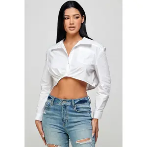 Brand Name White Crop Shirt - Casual Blouse with Button Front, Long Sleeves, Ideal for Womenswear and Comfort