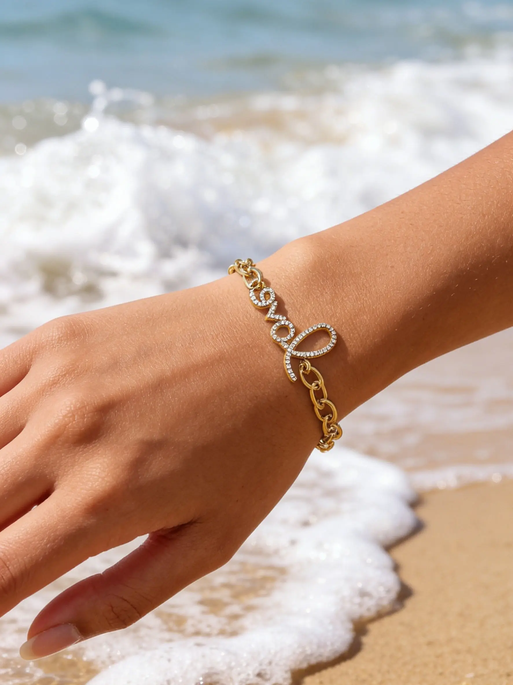 Crystal Handwriting Love Bracelet for Women, Elegant Full Rhinestone Letter Love Chain, Waterproof Boho Beach Summer Accessory Gift