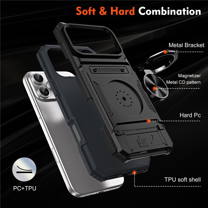 Compatible with iPhone 17 Pro Max, 16, and 15; shell material: Alliance composite polymer. Materials: TPU + PC + zinc alloy. Magnetic strength: 1700. Skin-friendly and smooth; non-sticky to hair/lint and fingerprints; shock absorption for drop protection.
