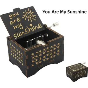 Vintage Wooden Music Box You Are My Sunshine Letter Sun Pattern Decoration, Hand Crank Wood Laser Engraved Musical Keepsake Box, Retro Carved Design Lightweight Ornaments, No Batteries Needed,Gift for Wife Mom Dad Birthday Anniversaries Weddings Christmas