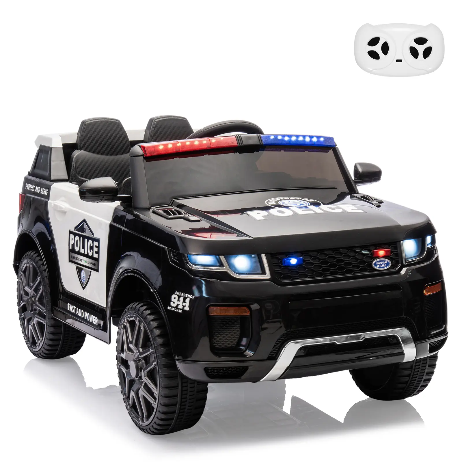 Toddler Electric Police SUV Ride On Car 12V, Features 2.4G Remote Control, LED Warning Lights, Megaphone, Spring Suspension, Auxiliary Handle and Music Playback Function.