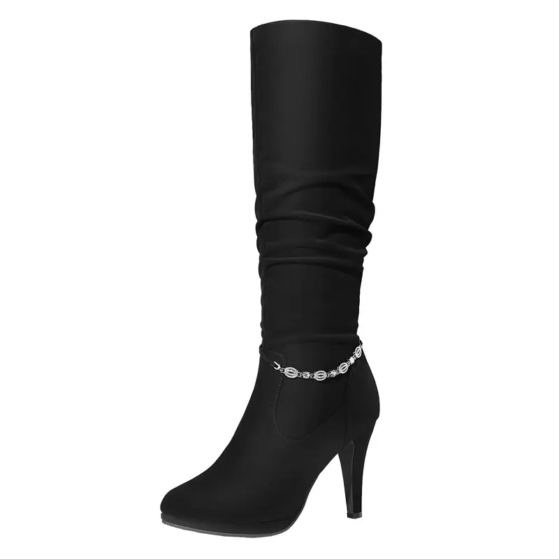 Dream Pairs Women's Chunky Platform Heels Knee-High Fashion Boots - Shoes for Women with 5 in Heel, 17 in Height, Chain Accent, Fabric Upper, Cushioned Bed, Rubber Sole for Daily Wear