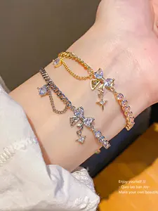 Korean Asymmetric Zircon Bow Star Pull-String Bracelet, Versatile Style, Unique High-Quality Hand Jewelry