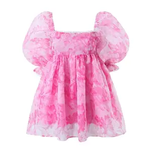 Women’s clothing Casual Floral Sweet Princess Pink Flower Organza Ball Gown Dress Women Corset Chest Square Collar Puff Sleeve Swing Mini Fairy Cake Robe Girl Casual Casual Wear Lady Womenswear Comfort Fit