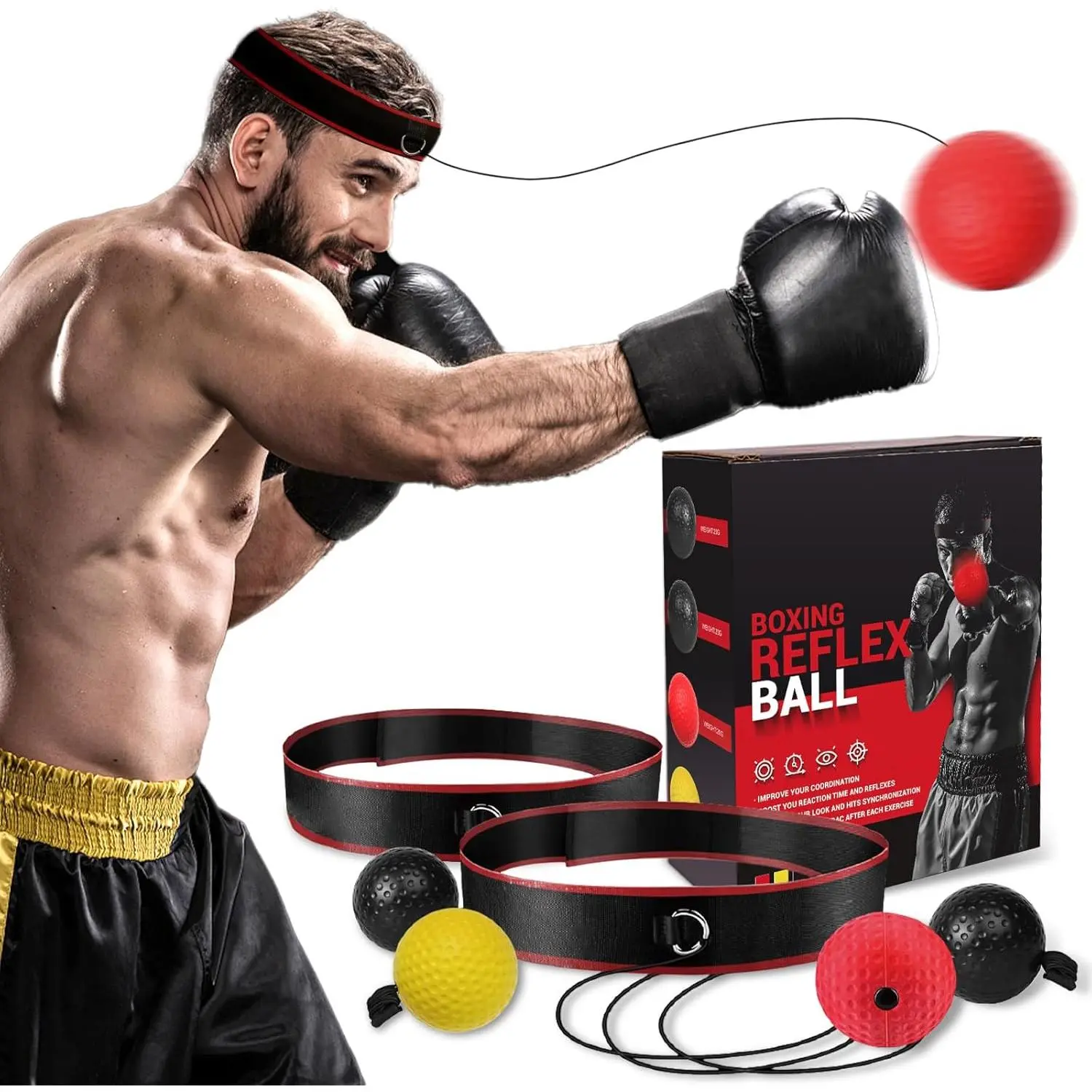 (R) Boxing  Ball Headband Set - Includes 4 Different Balls and 2 Adjustable Headbands for Beginner Proficiency Improvement,  Boxing Equipment