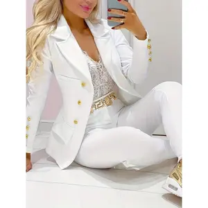 Women’s business casual two-piece set featuring a double-breasted lapel blazer and slim pants; elegant long-sleeve chic women’s suit with a fitted gamis design for comfort.