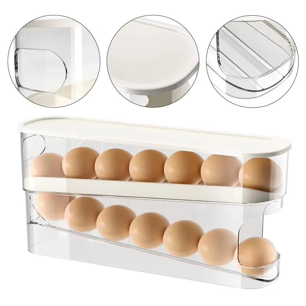 1pc Transparent Plastic Automatic Scrolling Egg Holder, White Double-Layer, Space-Saving, Safe & Stable Kitchen Organization Solution for Refrigerator Side Door & Kitchen Countertops