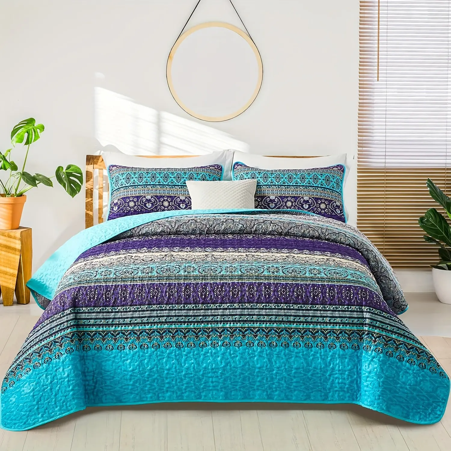 Boho Queen/King/California King Size Bedspread Set, Blue Purple Bohemian Bedding Set, Lightweight Microfiber Bed Decor Bedspread For Room Decor With 2 Pillowcases