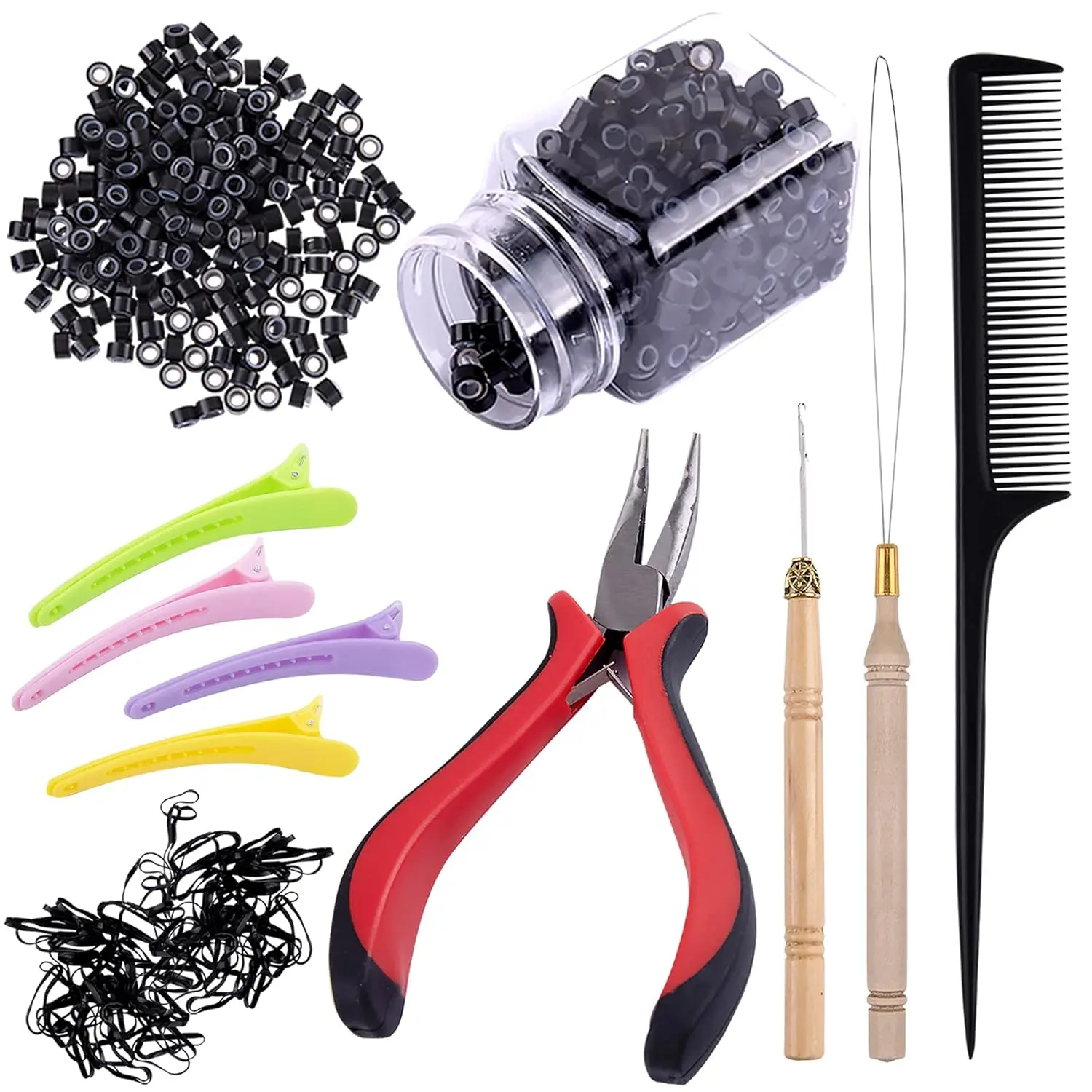 Hair Extensions Kit 500 Pcs Black Micro Ring Beads 1 Hair Extension Plier 2 Hook Needle Pulling Loop 4 Plastic Alligator Hair Clips 1 Comb and 2 Bags Black Mini Rubber Hair