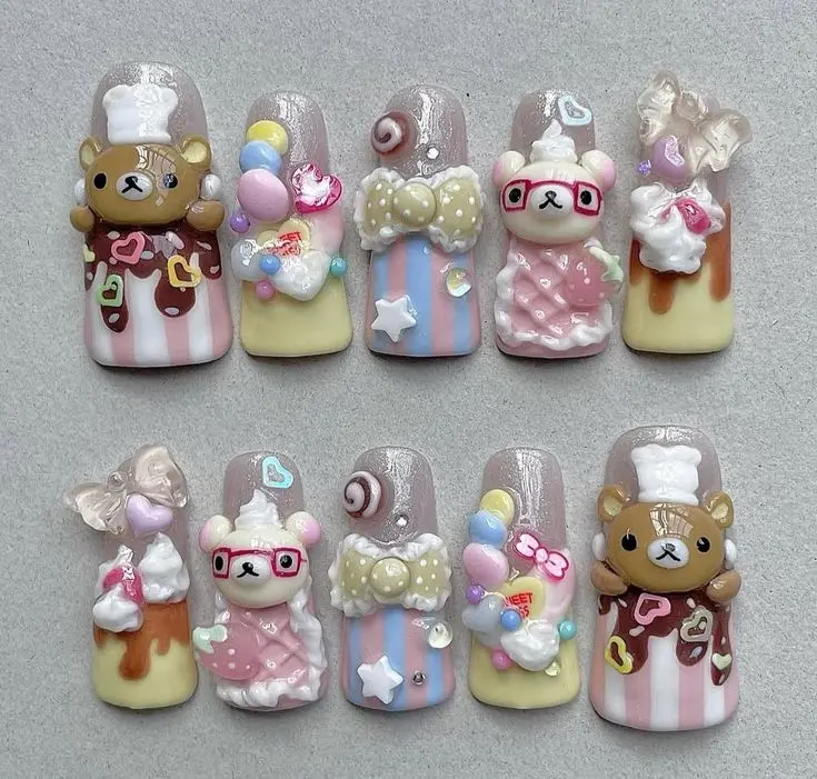 Press-on Decora Style Acrylic Fake Nails - Custom Cartoon Bear Waffle Design Nail Art Decorations for Beauty & Personal Care