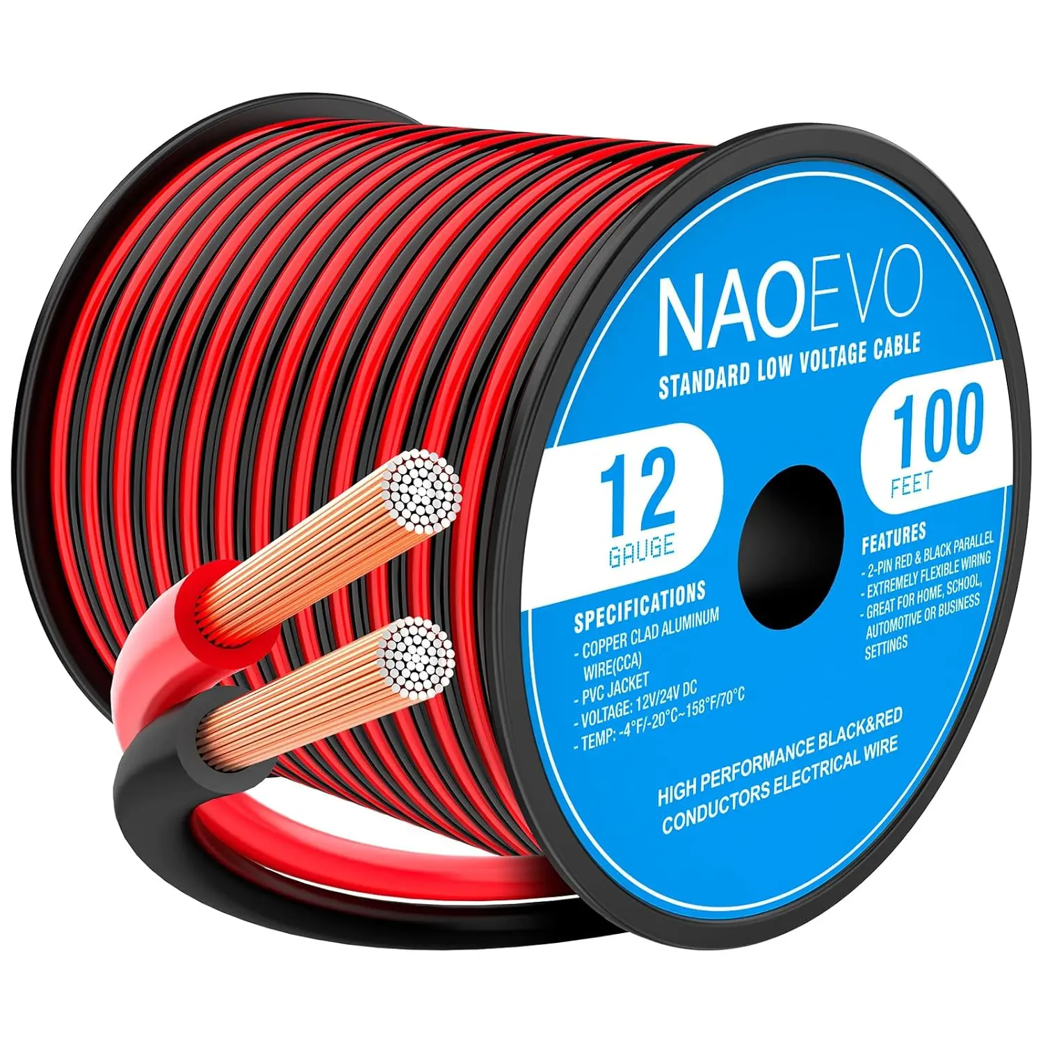 12 Gauge Wire 100FT, 2 Conductors Electrical Wire Red Black Cable, Flexible/Low Voltage/Pvc 12 AWG Copper Clad Aluminum Extension Cord, 12V/24V DC