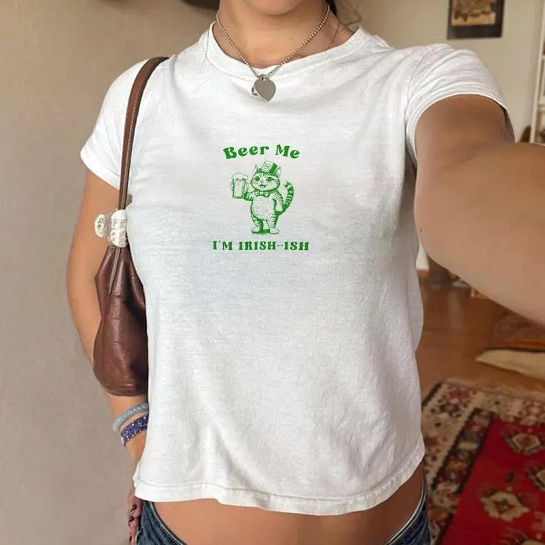 [Sale Up To 30%] Beer Me Im Irish Ish Y2K Baby Tee St. Patricks Day Green Cat Top Trendy Womens