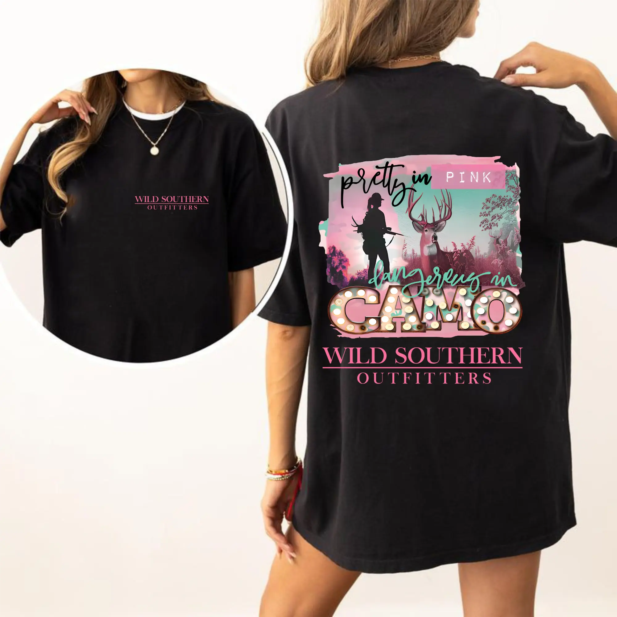 Pretty In Camo Southern T-Shirt, Pink Camo Hunting T-shirt, Simply Printed Graphic Shirt, Daily Casual Cotton Womenswear